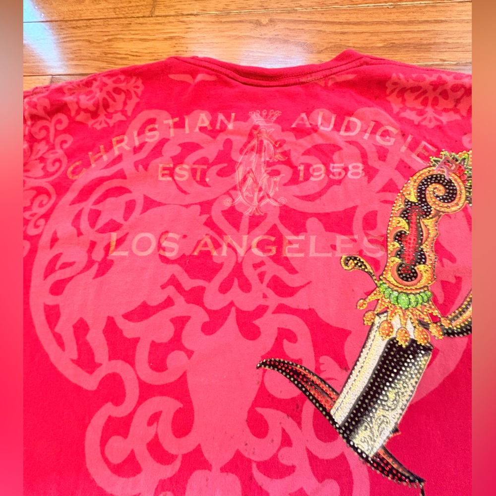 Christian Audigier Men's Red Skull and Rose Tee - Picture 11 of 12